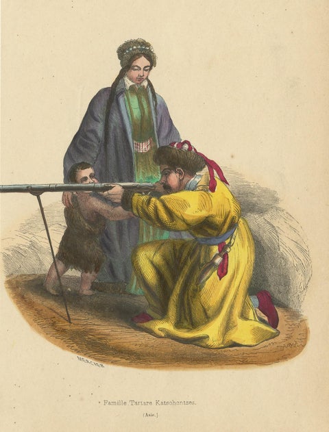 Antique Costume Print of a Tatar Family by Wahlen, '1843', view 2