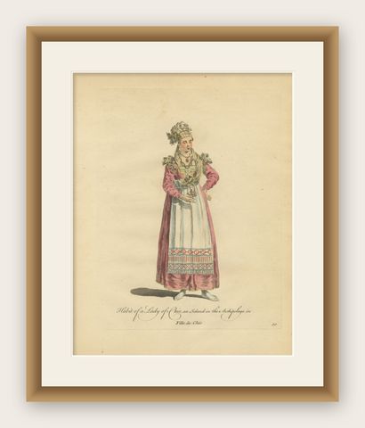 Antique Costume Print Lady of Chio Greek Island Dress Jefferys, 1749, shown framed