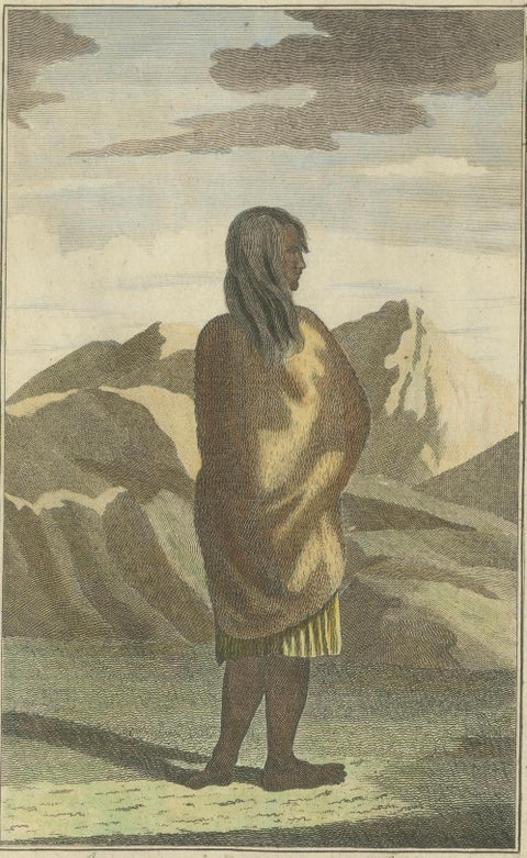Californian Woman in Deerskin Dress, Indigenous Portrait, Engraving 1780, close-up 3