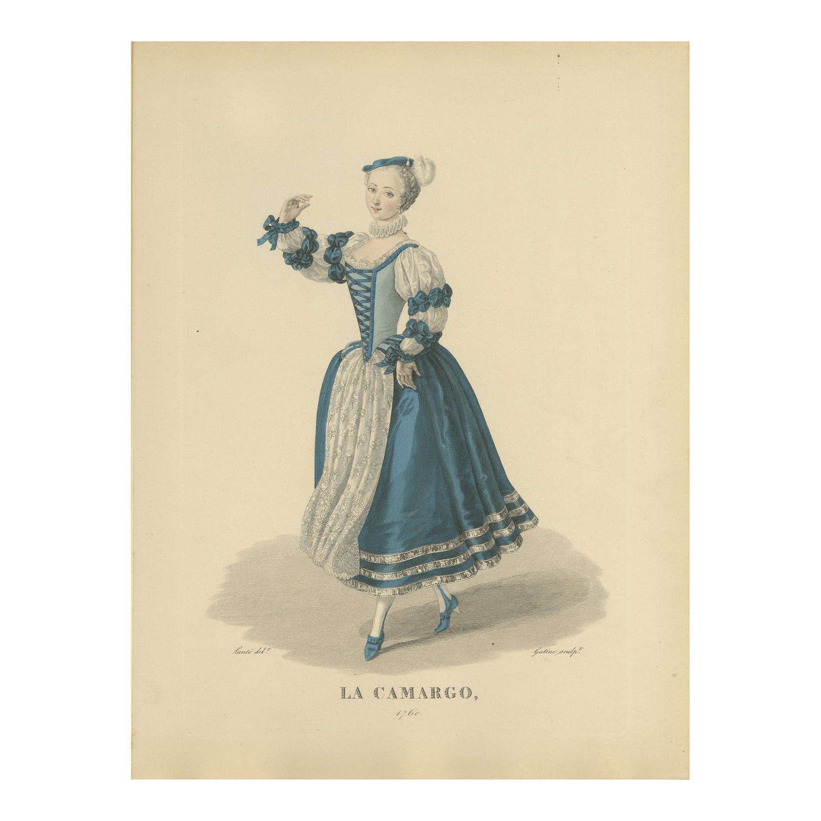 La Camargo, Hand-Colored Engraving of Famous Parisian Dancer, c.1900