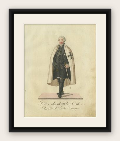 Knight of the Teutonic Order: 1791 Hand-Colored Engraving in Ceremonial Dress, shown framed