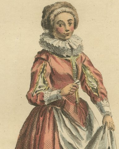 Lady of the Lower Palatinate in Red Gown and Ruff, Costume of 1643, 1757, close-up 1