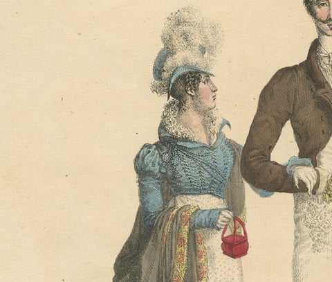 Costume de Printemps, Elegant Early 19th-Century French Fashion Engraving, close-up 4
