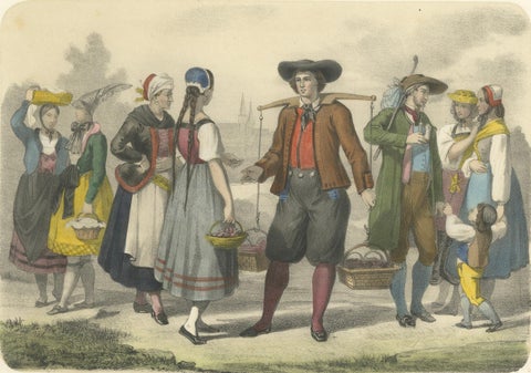 German Regional Costumes, Bavarian and Saxon Figures, c.1845, close-up 1