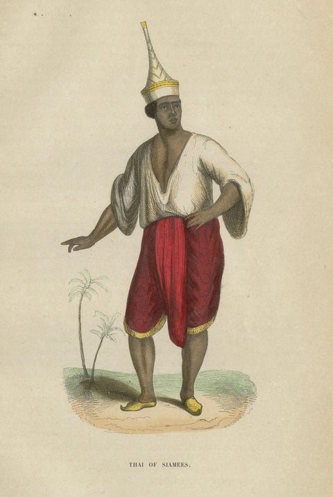 Antique Thai or Siamese Costume Print, Hand-Colored Engraving, 1854, close-up 1