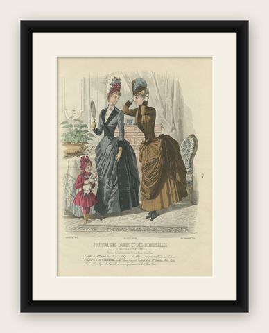 French Fashion Print, Interior Mirror Scene, Parisian Ladies, c.1887, shown framed