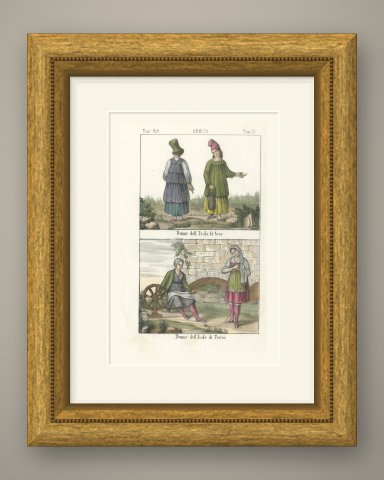 Women of Chios and Paros with a Spinning Wheel, Hand Colored, 1842, shown framed
