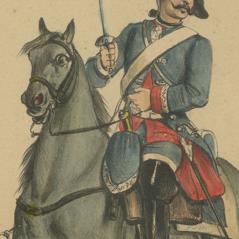 Spanish Cavalry Lithograph by José Rubio y Villegas: Sabre Officers, 1861, close-up 1