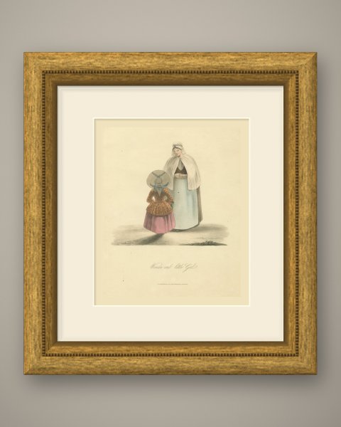 Woman and Little Girl with Green Pail, Antique Ackermann Costume Print, 1817, shown framed