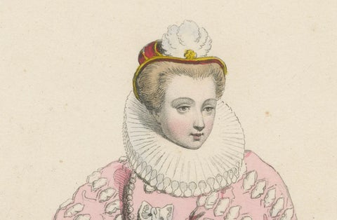 Antique French Costume Print of a Lady of the Court, Reign of Henri III, ca.1860, close-up 3