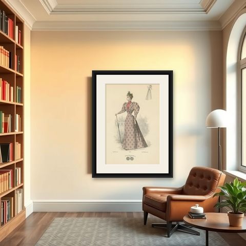 Refined Elegance: 1889 Fashion Lithograph by Michau, the Exposition Universelle, shown framed in a room