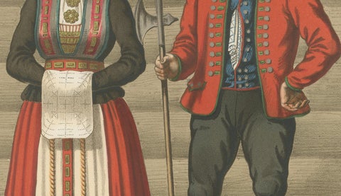 Norwegian Bride and Groom in Hardanger Dress, Antique Print, 1860s, close-up 3