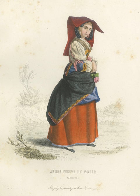 Set of Three Antique Italian Women Folk Costume Engravings, circa 1850, close-up 6
