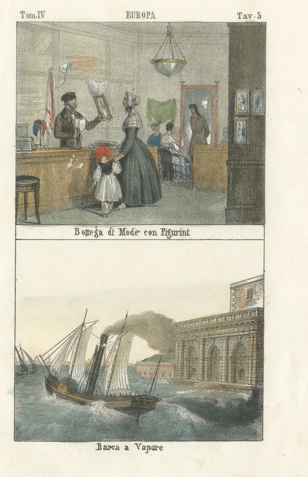 Fashion Shop with Fashion Plates and a Paddle Steamer, Hand Colored Print, 1842