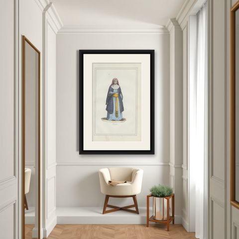 Russian Woman Costume Print, Antique Hand-Colored Lithograph, 1854, shown framed in a room