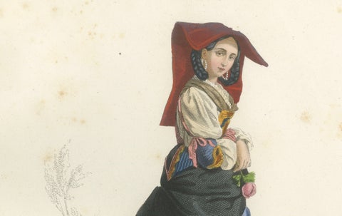Set of Three Antique Italian Women Folk Costume Engravings, circa 1850, close-up 5