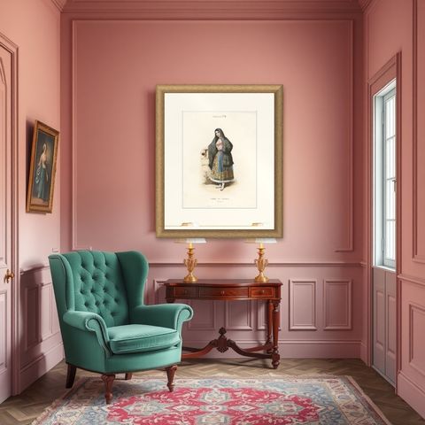 Original Antique Handcolored Print Depicting a Woman from Puebla, Mexico, 1850, shown framed in a room