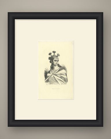 Warrior of the Sandwich Islands, Antique Wahlen Costume Print, 1843-1844, shown framed