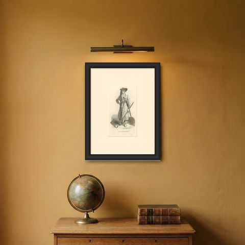 Javanese Man in War Dress, Antique Wahlen Costume Print, 1843-1844, shown framed on a wall