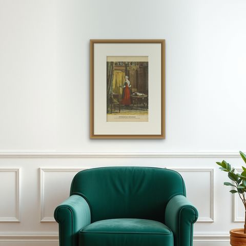 Amsterdam Orphan Girl in Traditional Costume, Print by N. van der Waay, 1923, shown framed on a wall