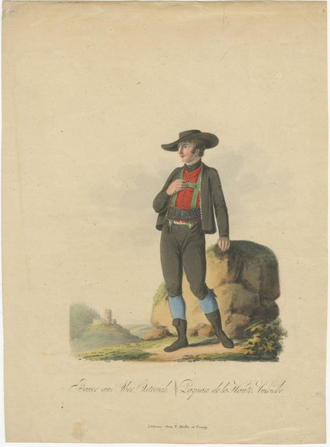 Upper Austria Folk Costume Pair, Antique Hand-Colored Lithographs, Vienna 1825, view 3