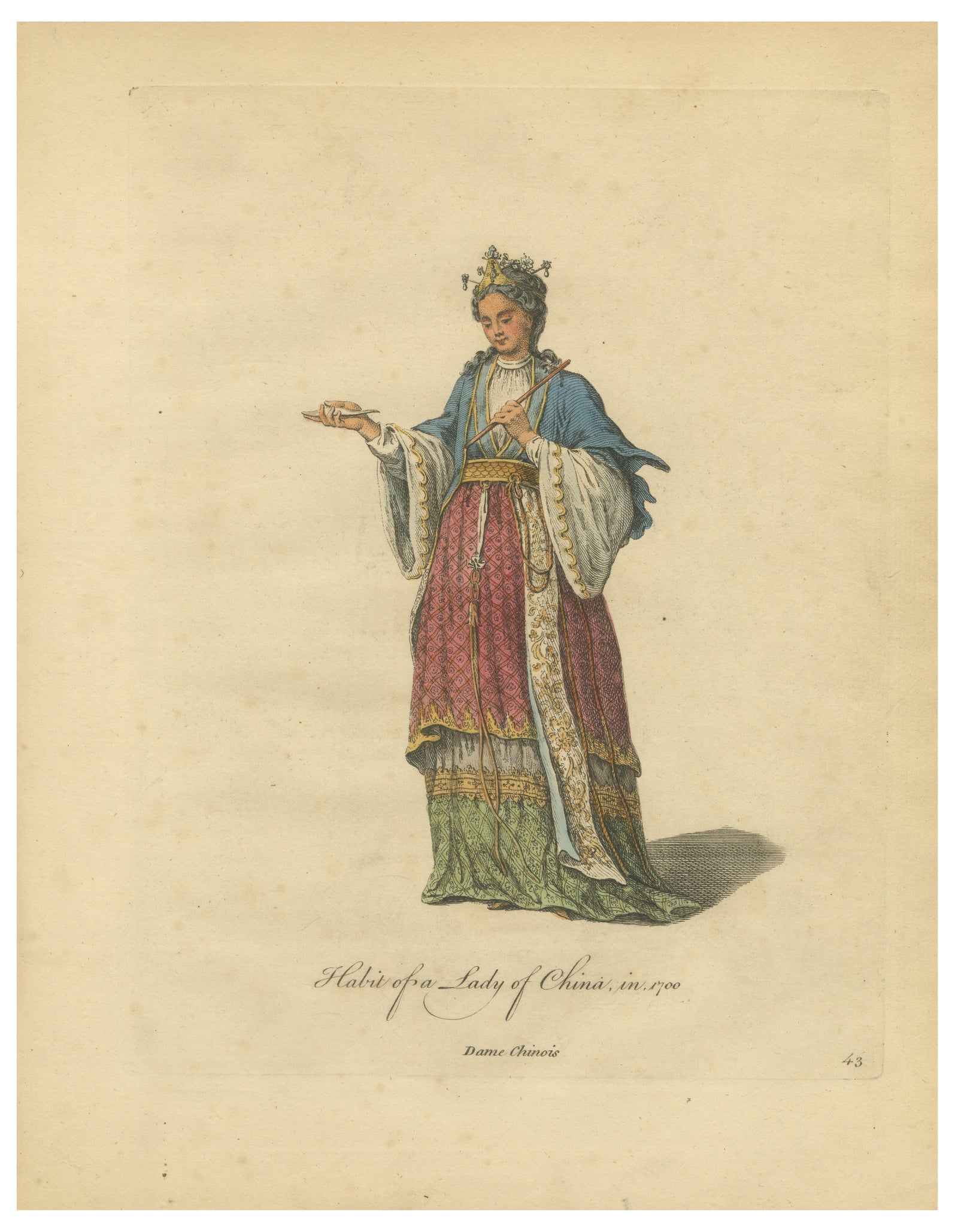 Lady of China in Elegant Court Dress, Antique Print, Jefferys, 1749