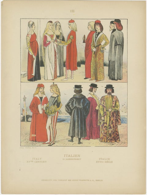 Italy 10th–16th Century, Set of Eight Antique Hand-Colored Costume Prints, 1880, view 7