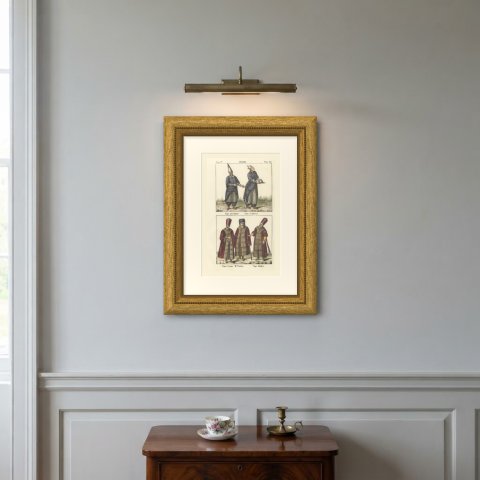 Chief Baker, Head Cook and Ushers in Fur Lined Robes, Hand Colored Print, 1842, shown framed on a wall