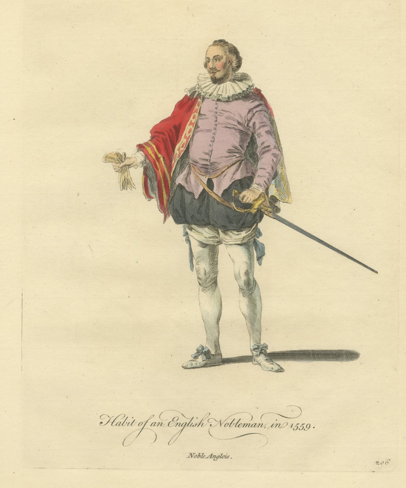 Habit of an English Nobleman in 1559, Hand Colored Jefferys Costume Plate, 1757