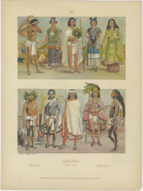 Aztec & Early Mexican Costumes, Set of 2 Antique Prints, 1500–1525, ca.1880, view 3