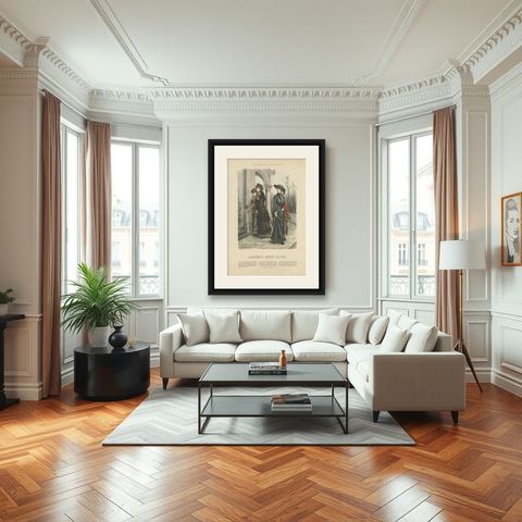 Antique Fashion Print by Marquart, 1881, shown framed in a room