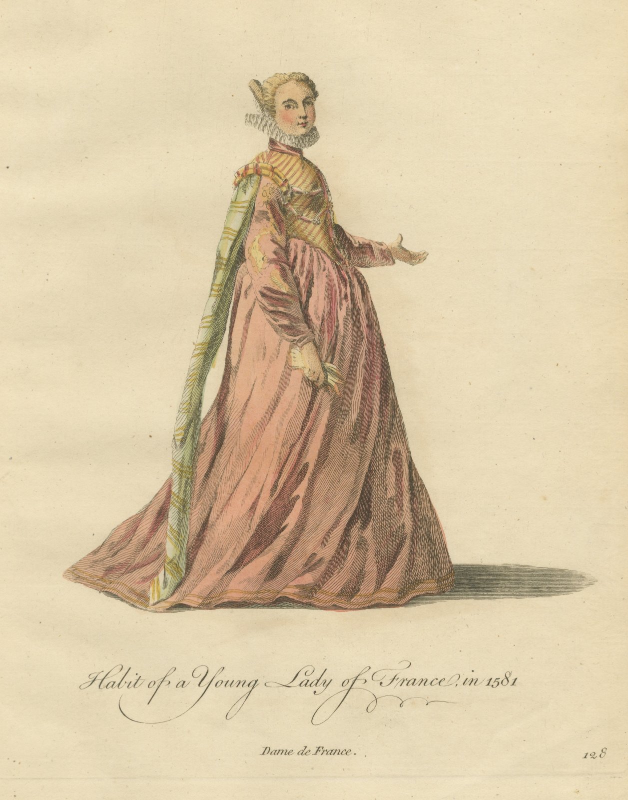 Young Lady of France in 1581 in a Rose Gown, Jefferys Costume Plate, 1757