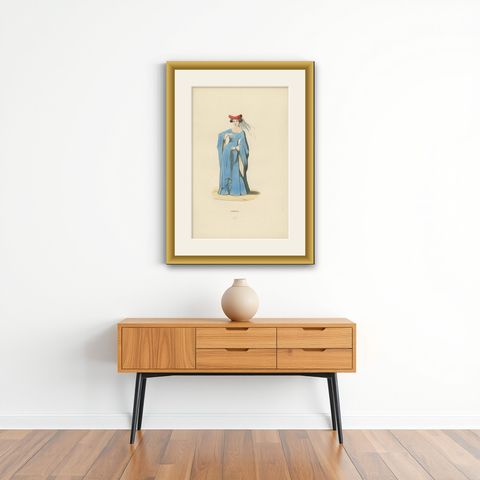 Noble Damsel of the Middle Ages in Traditional Blue Gown and Headdress, 1847, shown framed on a wall
