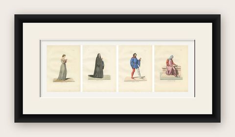 Set of Four Medieval Figures, Costume & Daily Life, Handcolored Engravings 1845, shown framed