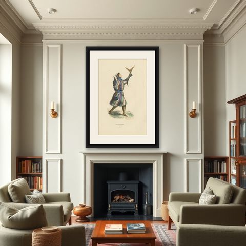The Noble Sport: A German Falconer in 'Costume du Moyen Âge, 1847, shown framed in a room