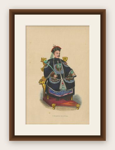 Antique Costume Print of a Chinese Emperor by Wahlen, 1843, shown framed