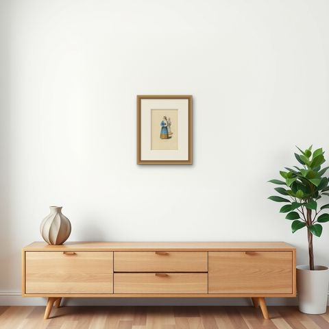 Antique Print of Italian Maidens in Traditional Attire, 1847, shown framed on a wall