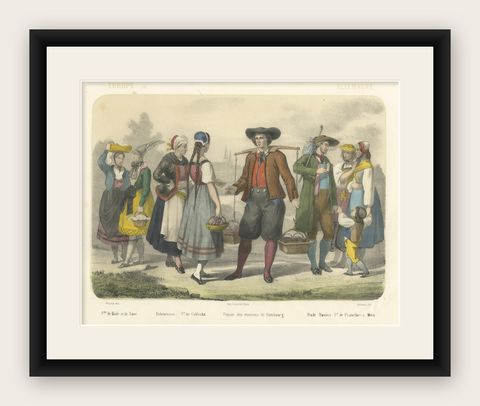 German Regional Costumes, Bavarian and Saxon Figures, c.1845, shown framed
