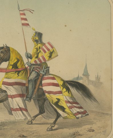 Two Medieval Knights in Heraldic Trappers, Spanish Cavalry Lithograph, 1861, close-up 2