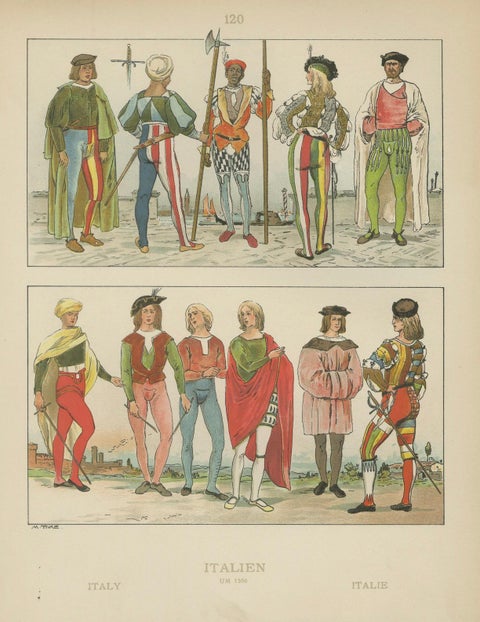 Italy circa 1500, Antique Hand-Colored Renaissance Costume Print, Published 1880, close-up 1