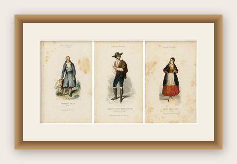 Set of Three Antique Iberian Costume Engravings, Spain & Portugal, circa 1850, shown framed