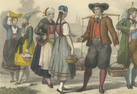 German Regional Costumes, Bavarian and Saxon Figures, c.1845, close-up 4