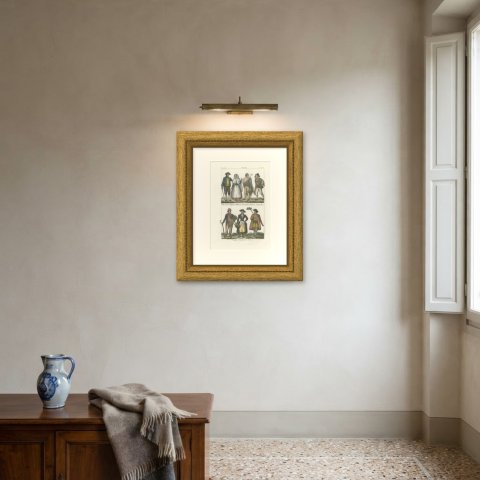 Costumes of Minorca, Majorca and Ibiza, Hand Colored Lithograph, 1842, shown framed on a wall