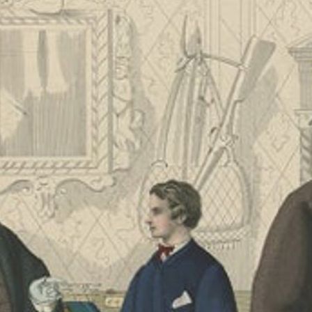 Antique Fashion Print of Men and Women Illustrating the Fashion Trends of 1865, close-up 1