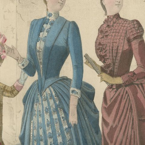Antique French Fashion Plate, Elegant Ladies with Child, Garden Scene, c.1880, close-up 2