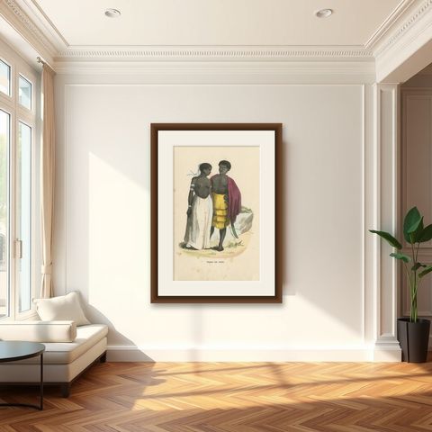 Antique Costume Print of Natives of Ardra by Wahlen, 1843, shown framed in a room
