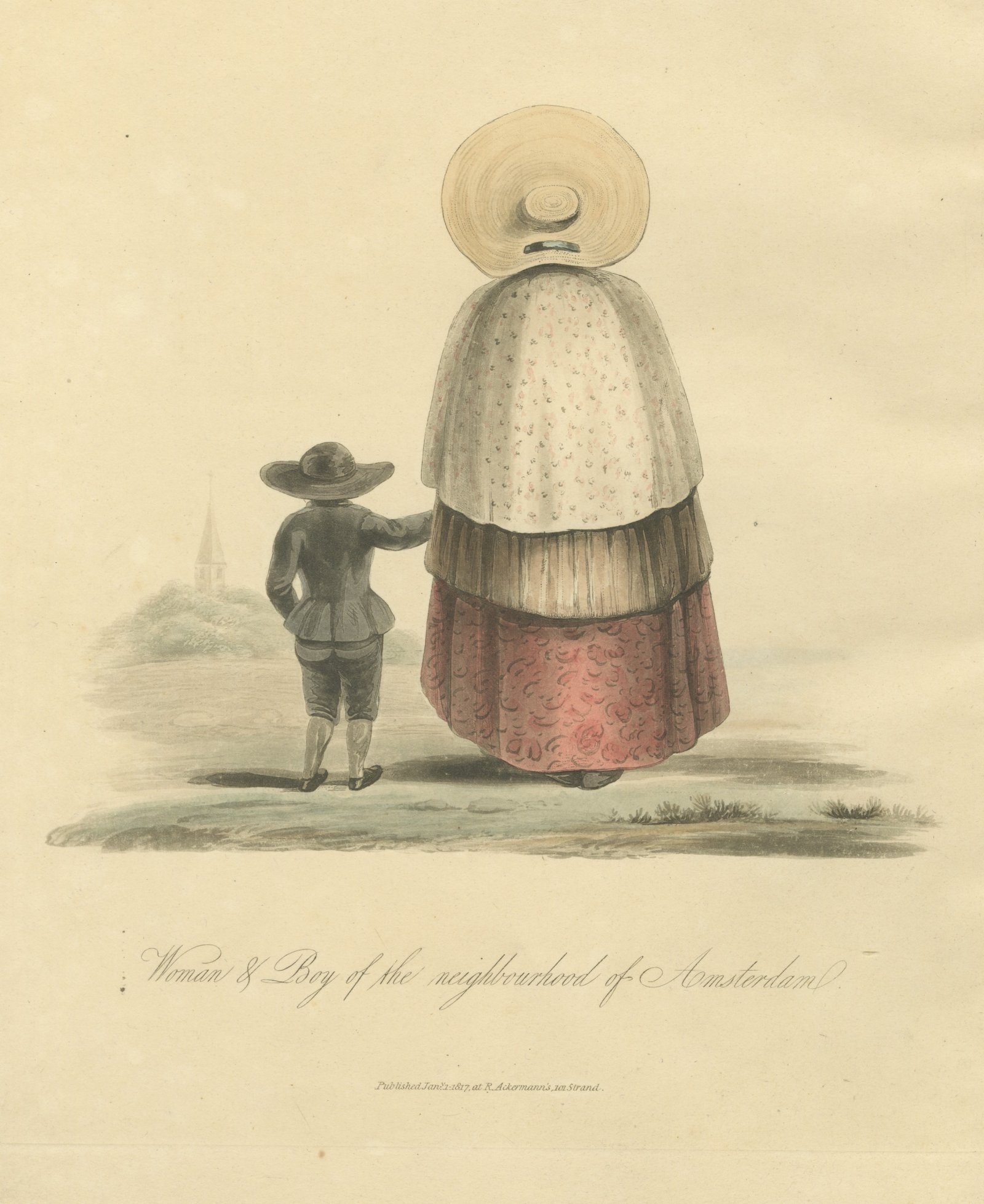 Woman and Boy near Amsterdam, Church Spire Beyond, Antique Print, 1817