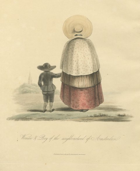 Woman and Boy near Amsterdam, Church Spire Beyond, Antique Print, 1817