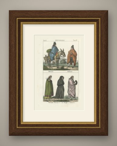 Murcian Rider, Andalusian and Portuguese Merchant with Wife and Maid, 1842, shown framed