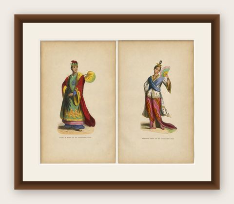 Burmese Nobleman & Noblewoman Costume Prints, Hand-Colored Pair, 1854, shown framed